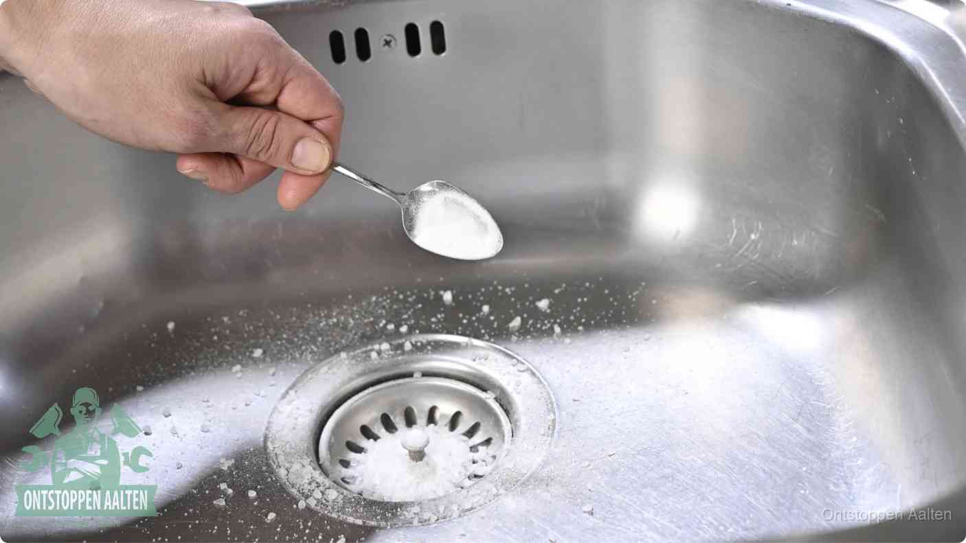 Een hand strooit met een lepel soda in de afvoer van een roestvrijstalen spoelbak, de soda en azijn huismiddel-methode om de afvoer te ontstoppen in Aalten